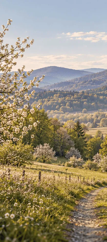Kwitnące drzewo nad polną drogą, jasna zieleń na zboczach